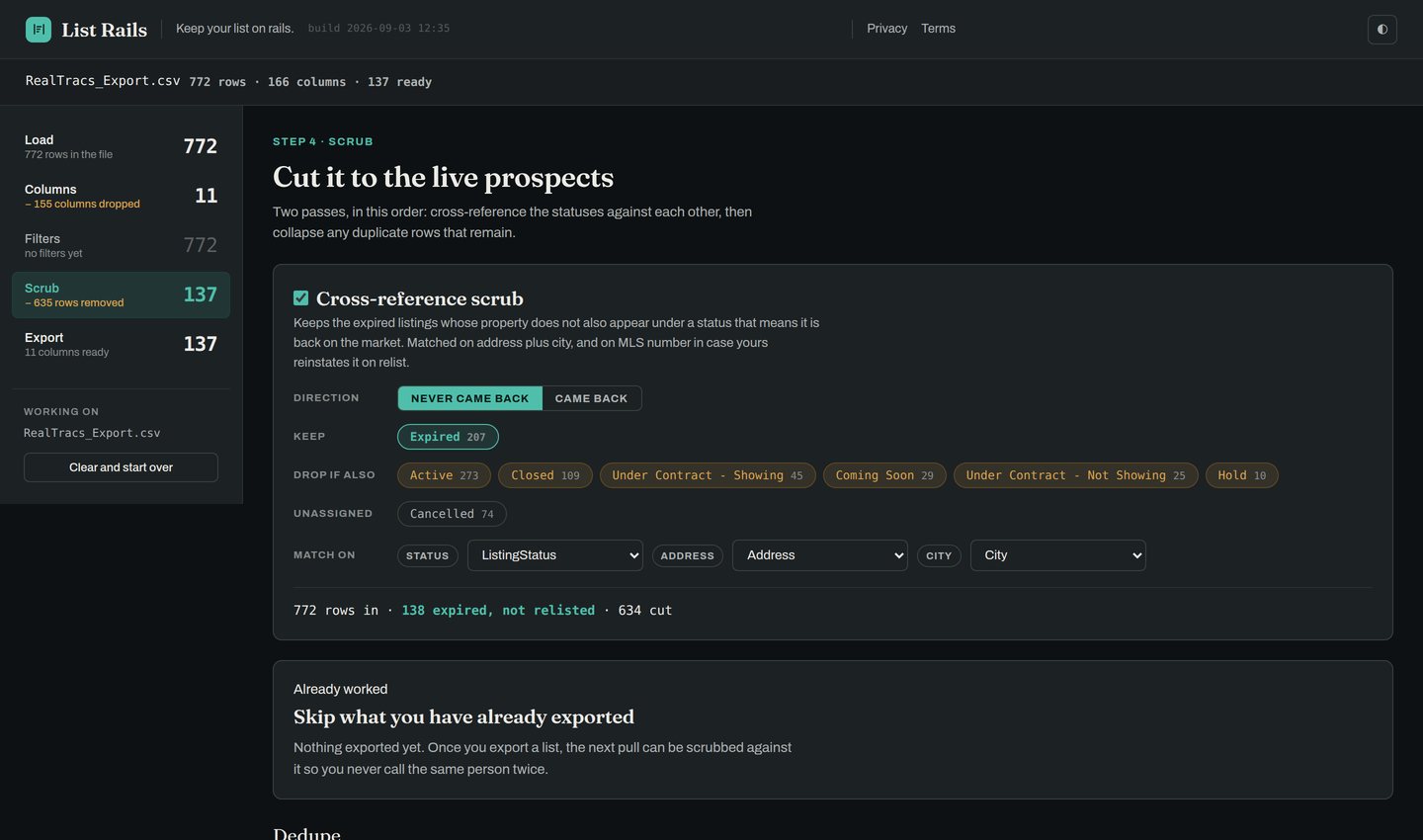 The scrub screen: a cross-reference keeping expired listings whose address never appears as Active, Coming Soon, Under Contract or Closed, with the row count falling as it runs.