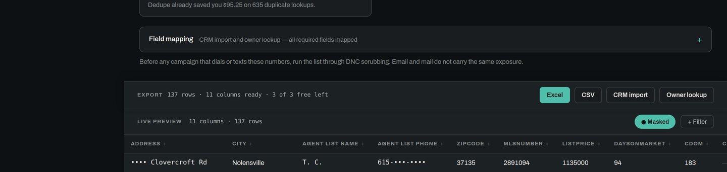 The live preview with masking on: street numbers, agent names and phone numbers replaced with blocks, column headers still readable.